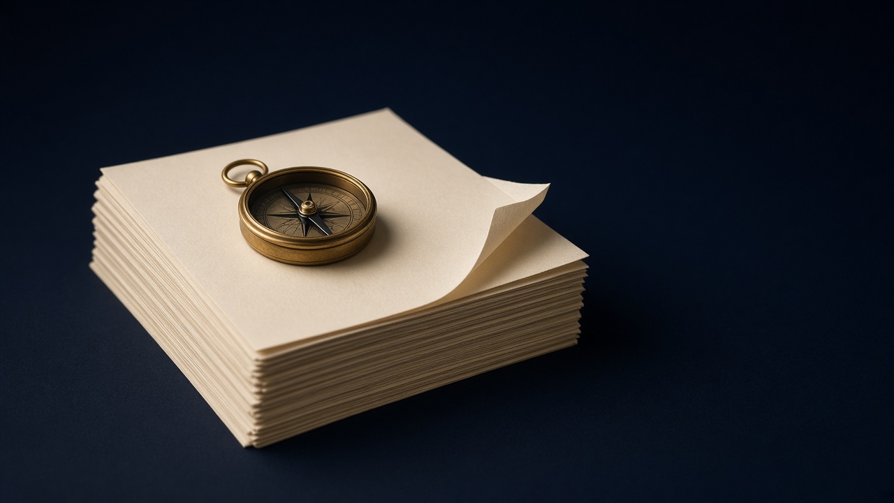 A cream page with one line of type, beside a tall stack of blank cards.