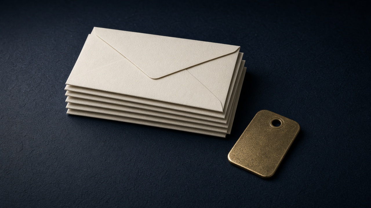 A stack of cream envelopes with the brass sender tag fallen off.