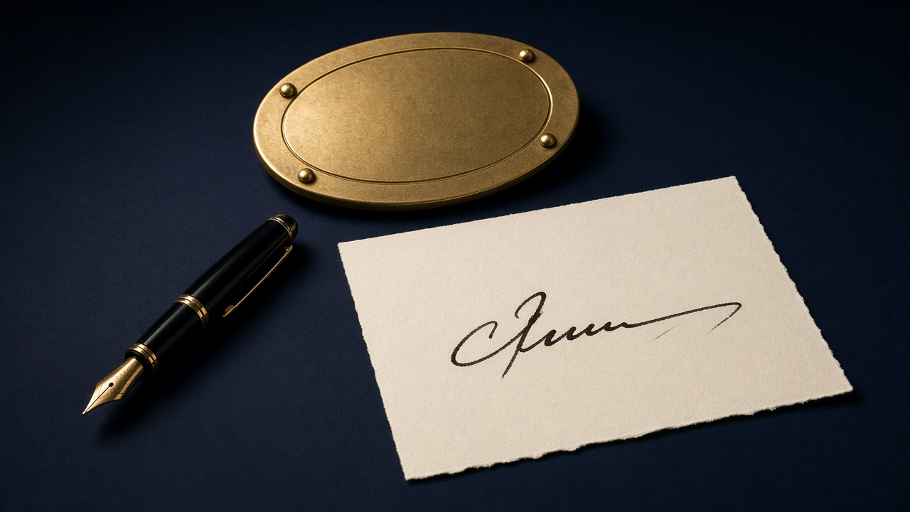 An empty brass picture frame on cream paper, with a navy card beside it.