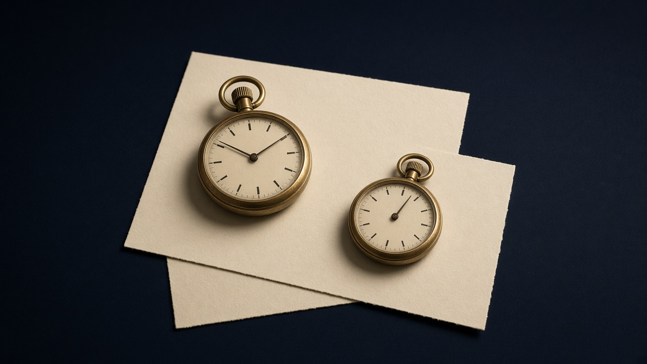 A brass stopwatch beside two cream cards, one thick and one thin.