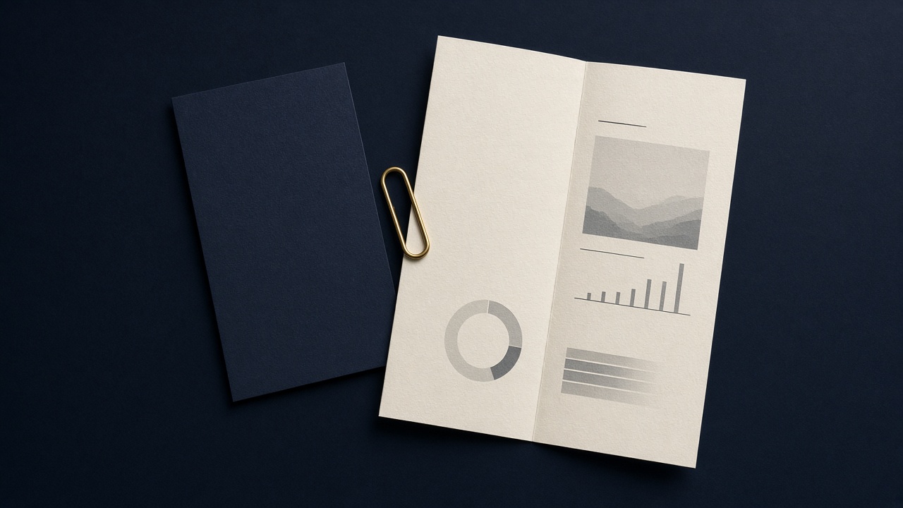 A brass clip between a closed navy card and an open cream page.