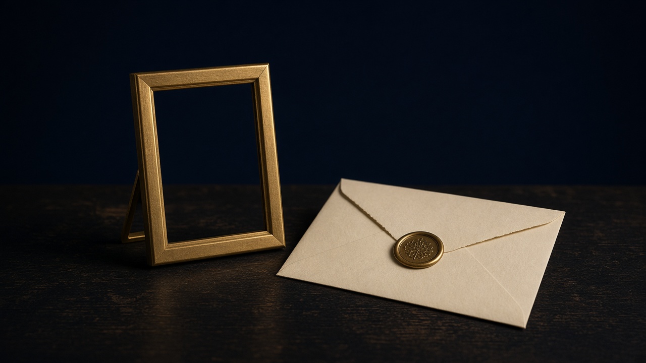 A brass phone frame on a navy desk, with a cream card that has no store stamp.