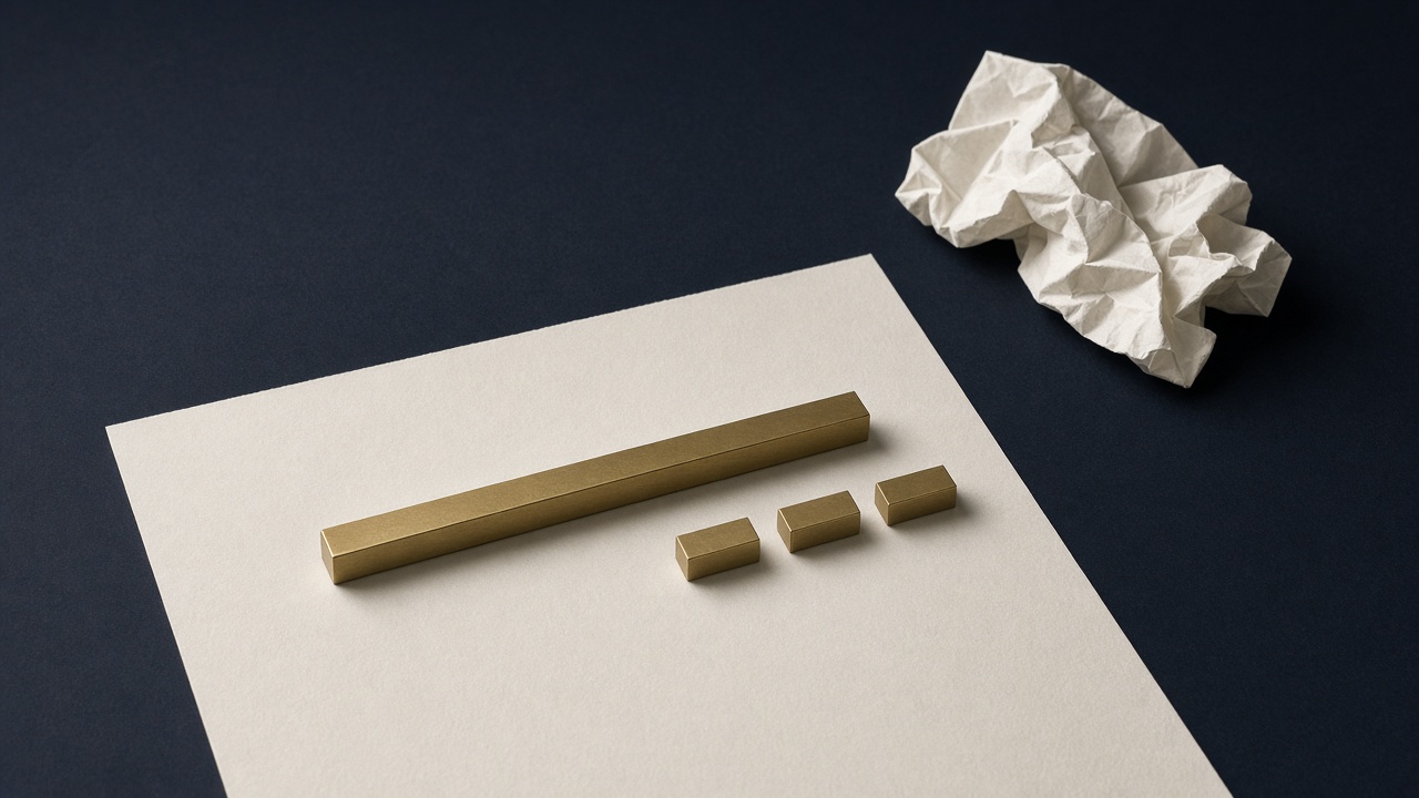 One long brass bar beside three short bars, with a crumpled sheet set aside.