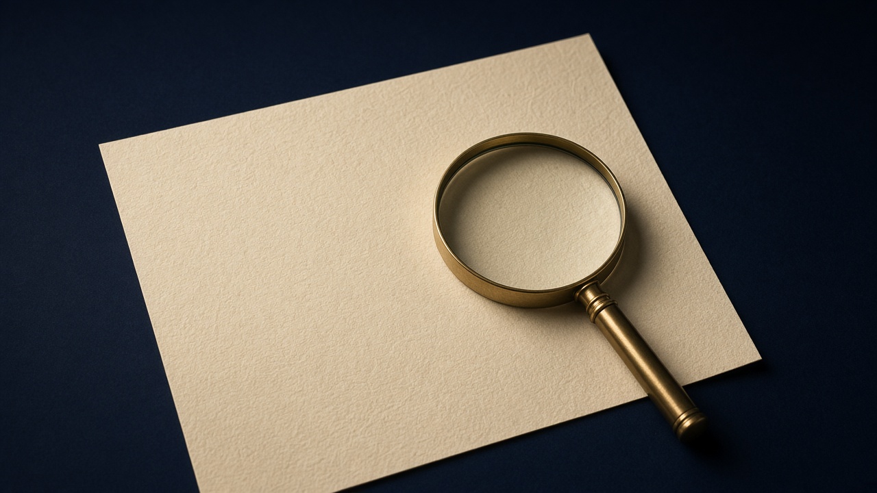 A cream page under a brass loupe, with no mark visible on the paper.