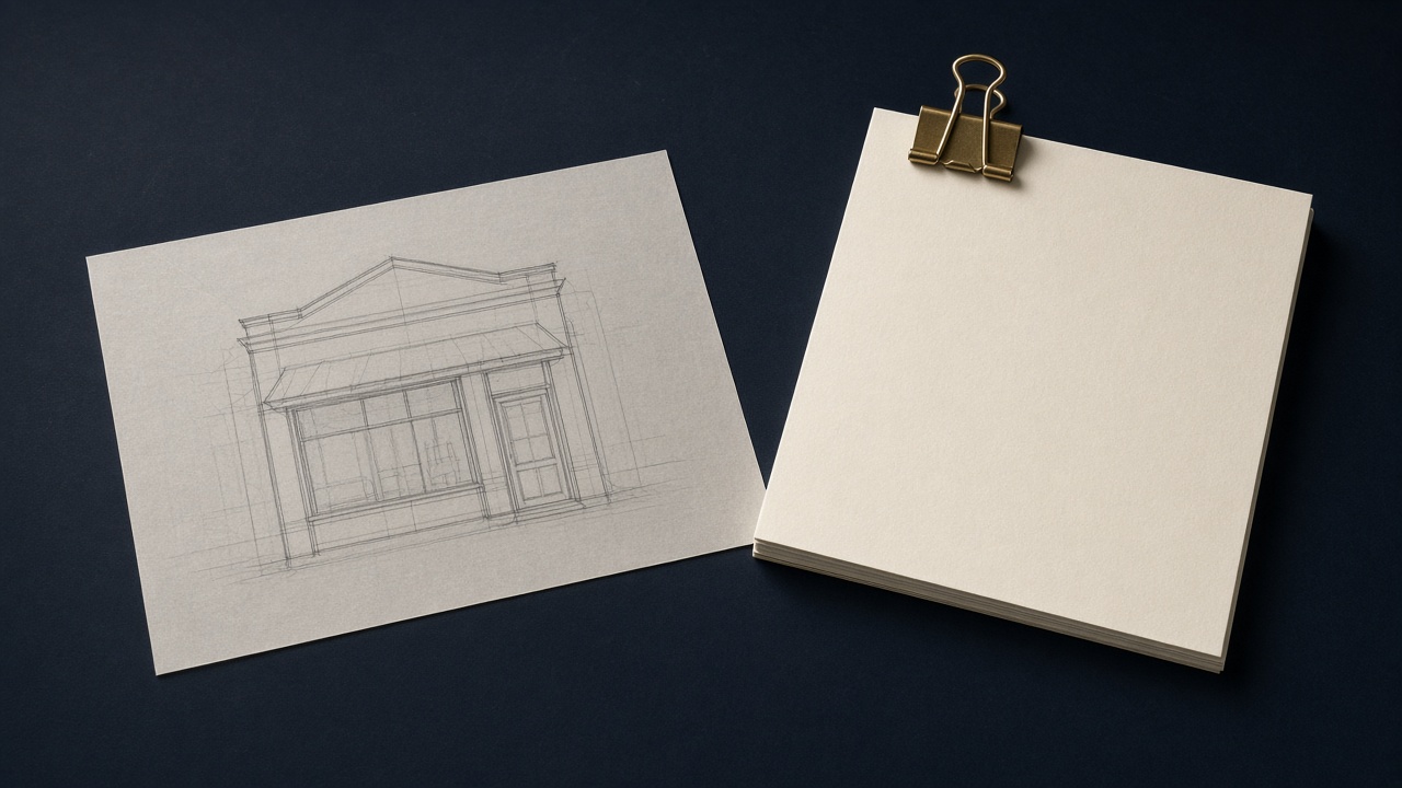 A pencil sketch of a shop beside a thick clipped stack of pages.